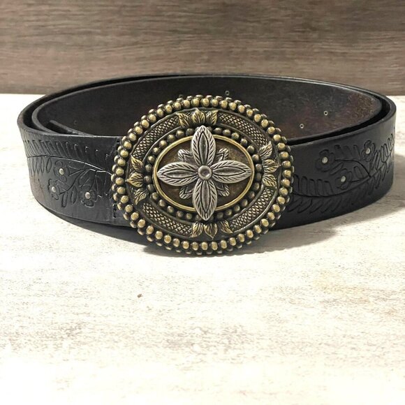 Fossil Tooled Brown Leather Waist Belt Two Tone Oval Floral Buckle Women's Large - Picture 1 of 10